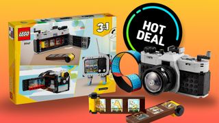 Lego Creator 3-in-1 Retro Camera, back of box and built retro camera itself on an orange to yellow gradient with a &#039;Hot Deal&#039; roundel 