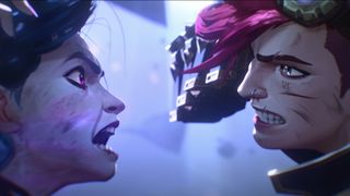 A close up of Jinx and Vi screaming and aiming punches at each other in Arcane season 2