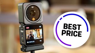 DJI Action 2 in cafe with Best Price sticker superimposed