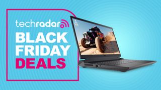 The Dell G15 gaming laptop on a cyan background with the text &#039;TechRadar Black Friday Deals&#039;.