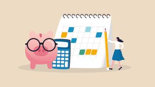 A woman holding a pencil and stood next to a calendar, calculator, and piggy bank wearing glasses