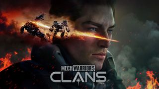 Lead art for MechWarrior 5: Clans, showing the game&#039;s logo across the face of a man, with some mech&#039;s showing battling in the top left corner.