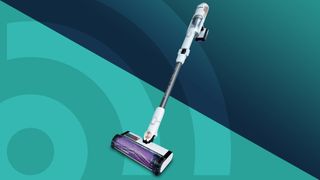 Shark Detect Pro Cordless vacuum against an aqua and blue background