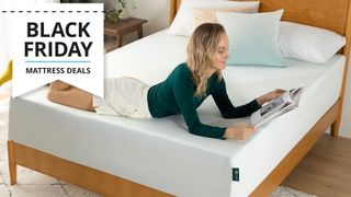 A woman lies on top of the Zinus Green Tea Memory Foam Mattress reading a magazine, a Tom&#039;s Guide Black Friday mattress deals graphic (left)