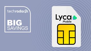 Lyca mobile branded sim card on blue background with big savings text overlay