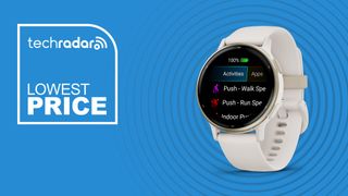 Garmin Vivoactive five on a blue background with the text lowest price 