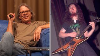 Left-Record producer Terry Date during the GRAMMY Behind the Glass with Terry Date and Nick Raskulinecz at Shure Headquarters on August 18, 2016 in Niles, Illinois; Right-Dimebag Darrell (born Darrell Abbott, 1966 - 2004), of the group Pantera, plays guitar as he performs onstage at the Aragon Ballroom, Chicago, Illinois, March 4, 1993