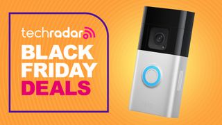 Ring Battery Doorbell on orange background with text reading &quot;TechRadar Black Friday Deals&quot;