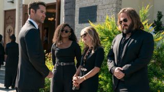 (L to R) Manuel Garcia-Rulfo as Mickey Haller, Jazz Raycole as Izzy Letts, Becki Newton as Lorna Crane, Angus Sampson as Denis &quot;Cisco&quot; Wojciechowski all standing together wearing black.