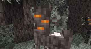 Minecraft - a greyish tree creaking with orange eyes in a pale forest