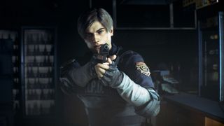 Best video game heroes: Leon in Resident Evil 2 holding up a gun.