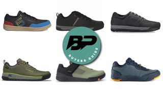 Six of the best mountain biking flat shoes seen from the side on a white background with a Bike Perfect logo