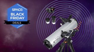 A Celestron StarSense Explorer DX 130AZ telescope, next to a Space Black Friday Deals logo. 