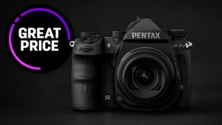 Pentax K-3 Mark III Monochrome against a black background with the text &quot;Great price&quot;