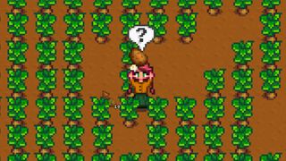 Stardew Valley farmer standing in a field of potatoes, using the question mark emote