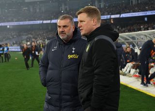 MELBOURNE, AUSTRALIA - MAY 22: Ange Postecoglou, coach of Tottenham Hotspur speaks with Newcastle United FC coach, Eddie Howe during the exhibition match between Tottenham Hotspur FC and Newcastle United FC at Melbourne Cricket Ground on May 22, 2024 in Melbourne, Australia. (Photo by Robert Cianflone/Getty Images)