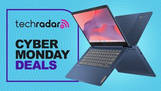 Two Lenovo IdeaPad Slim 3 Chromebook laptops on a blue background with the text &#039;techradar cyber monday deals&#039;