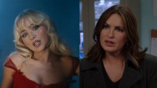 Sabrina Carpenter in the &quot;Please Please Please&quot; music video side by side with a close up still of Mariska Hargitay as Olivia Benson in Season 18 of Law and Order: SVU.