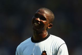 BIRMINGHAM - AUGUST 9: Samuel Eto&#039;o of Real Mallorca enjoys himself during the Pre-Season Friendly match between Birmingham City and Real Mallorca held on August 9, 2003 at St Andrews, in Birmingham, England. The match ended in a 0-0 draw. (Photo by Ben Radford/Getty Images) Newcastle