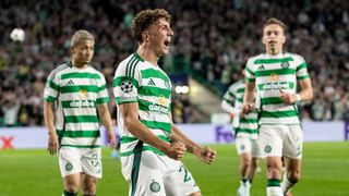 Celtic&#039;s Arne Engels celebrates scoring to make it 3-0 during a UEFA Champions League match between Celtic and SK Slovan Bratislava ahead of the Celtic vs Club Brugge Champions League match on November 27, 2024