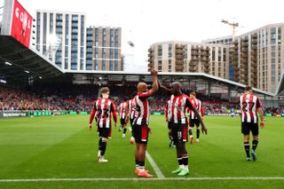 Brentford duo Yoane Wissa and Bryan Mbuemo celebrate against Ipswich Town