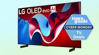 An LG C4 OLED TV with a Tom&#039;s Guide Cyber Monday deals badge