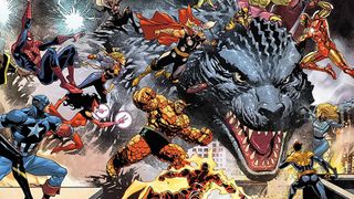 Godzilla fighting the heroes of the Marvel Universe