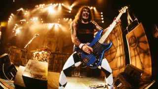 Iron Maiden’s Steve Harris onstage on the World Slavery tour in 1985