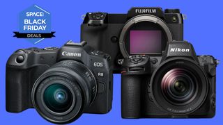 Image shows three cameras against a blue background and a rosette that reads Space.com Black Friday deals.