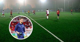 A 5-a-side football match at night, with an inset picture of Jordan Henderson holding a theragun