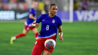  Lynn Williams #8 of the United States controls the ball during an international friendly game between USWNT and Costa Rica ahead of the Novemeber 30, 2024, England vs USWNT live stream