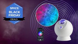 A BlissLights Sky Lite Evolve star projector, with remote app, alongside a Space Black Friday Deals logo. 