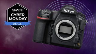 Nikon D850 on a milky way background with purple circles and the space.com cyber monday logo in the top left