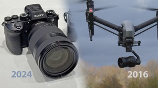 Sony A1 II with caption 2024 and DJI Inspire 2 in flight with caption 2016