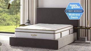 Image shows the Saatva Latex Hybrid mattress on brown bed base with window with greenery and curtains, and a sales badge overlaid on the bottom right hand corner