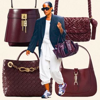 woman wearing burgundy bags