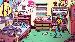 In 2D, cartoon style, a teenage girl stands amidst a messy bedroom filled with &#039;90s memorabilia.