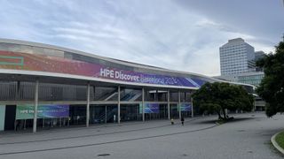 The outside of the Fira Barcelona conference center with HPE discover Barcelona 2024 livery