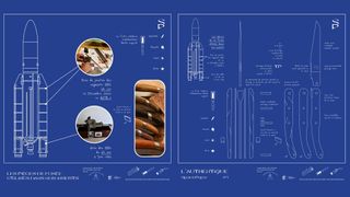 blueprint of a rocket, with cutaways showing how pieces of it have been made into knives