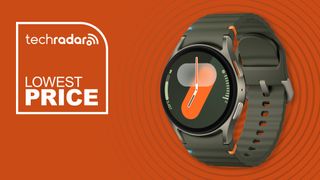 Galaxy Watch 7 on an orange background with the text lowest price