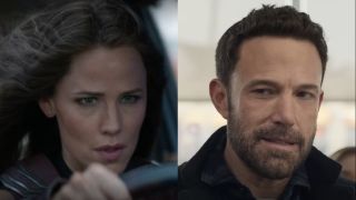 Jennifer Garner pictured behind the wheel in Deadpool &amp; Wolverine, next to Ben Affleck pictured in a Dunkin&#039; ad. 