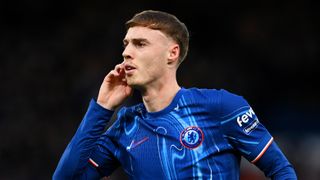 Cole Palmer of Chelsea, wearing blue shirt, celebrates scoring ahead of the Ipswich vs Chelsea live stream in the Premier League 2024/25