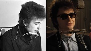 Bob Dylan and Timothée Chalamet as Bob Dylan