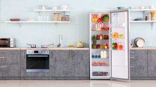 An open refrigerator in a kitchen