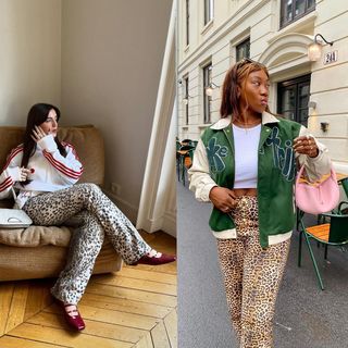 how to style leopard pants is shown in a photo collage of two women wearing animal print denim