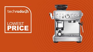 The Breville The Barista Express Impress on an orange background with text saying Lowest Price next to it.