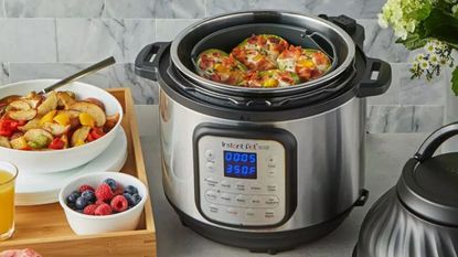 An Instant Pot Duo Crisp + Air Fryer making breakfast