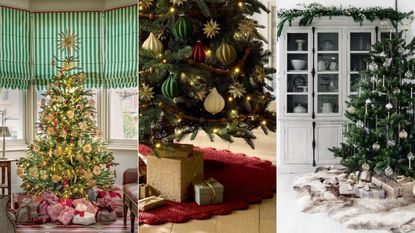 traditional Christmas tree in bay window with green blinds, close-up of Christmas tree with red tree skirt, Christmas tree besides shelving unit with modern white decor