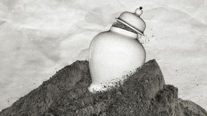 Photo collage of an overflowing urn, sitting atop a giant pile of ash