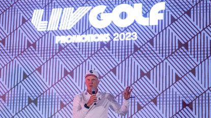 Greg Norman speaks at the 2023 LIV Golf Promotions trophy ceremony